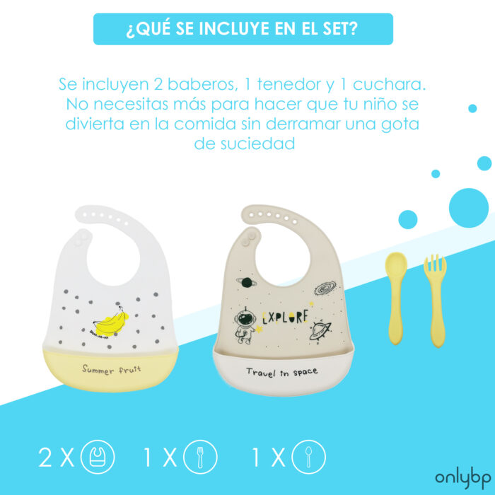 Set 2 Baberos Unisex de Silicona Impermeables con Tenedor y Cuchara de regalo - Imagen 2
